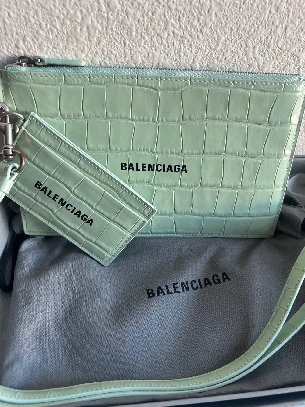 Balenciaga Cash Zip Pouch & Attached Card Holder Seafoam / Mint Croc Leather